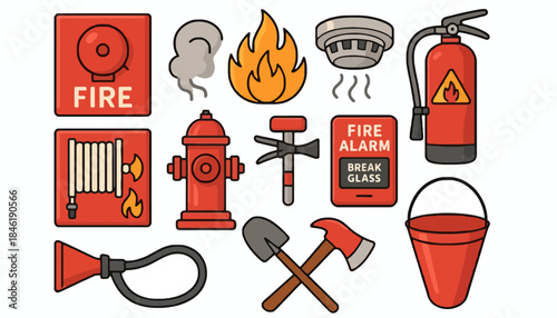 Vibrant vector illustration set showcasing essential fire safety and emergency prevention equipment in a modern flat design style for protection concepts