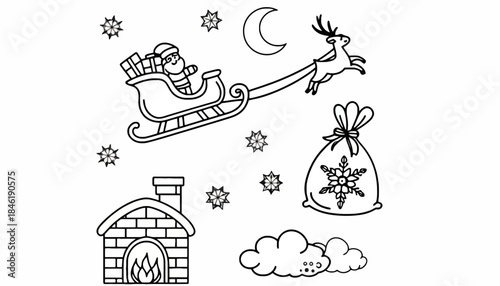 Santa Claus flying in a sleigh with a reindeer and a sack full of gifts, winter night with moon and snowflakes