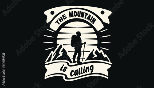 The mountain is calling Silhouette of a hiker with backpack and trekking poles reaching summit amidst rugged peaks under a radiant sun