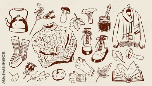 Cozy Autumn Collection Hand-Drawn Illustration Set Featuring Warm Apparel, Nature Elements, and Comforting Objects for Fall Seasonal Designs