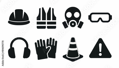 Comprehensive vector icon set depicting essential personal protective equipment and safety items for workplace, industrial, and construction environments, ensuring worker safety and hazard prevention