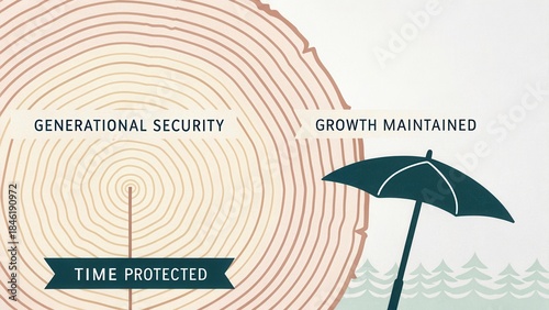 Conceptual illustration of generational security, growth maintenance, and time protection with tree rings and umbrella