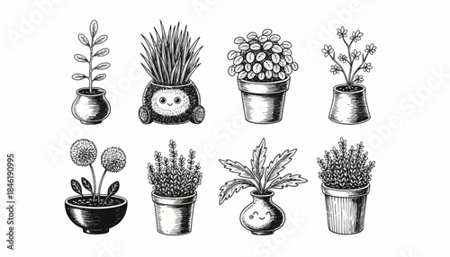 Collection of various potted plants and flowers, hand-drawn in a charming sketch style, perfect for home decor and botanical illustrations