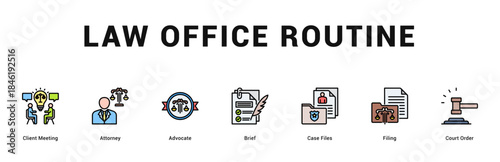 Law Office Routine Modern and clean web banner illustration featuring thematic icons for visual communication