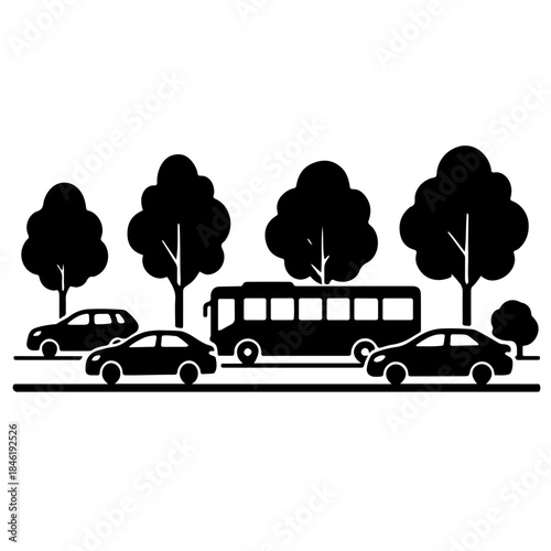 Black and White Roadside Scene Vector with Trees and Vehicles Silhouette