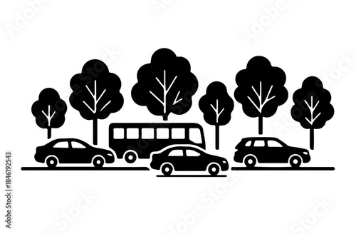 Black and White Roadside Scene Vector with Trees and Vehicles Silhouette