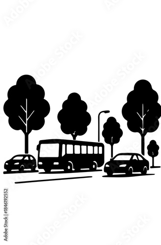 Black and White Roadside Scene Vector with Trees and Vehicles Silhouette