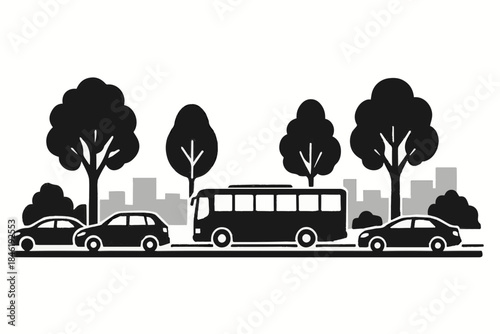 Black and White Roadside Scene Vector with Trees and Vehicles Silhouette