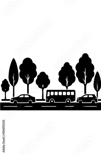 Black and White Roadside Scene Vector with Trees and Vehicles Silhouette