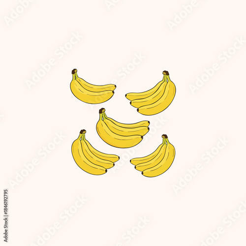 Five cartoon banana bunches with varying quantities on light background for fruit or educational concept