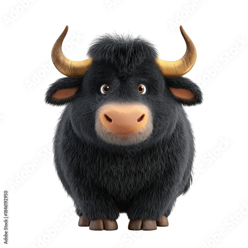 Cute cartoon yak with golden horns isolated on transparent background