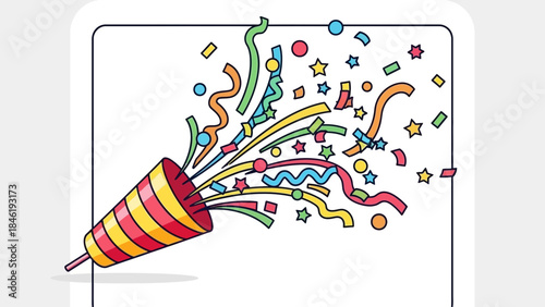 Party popper exploding with colorful confetti and streamers festive celebration element isolated on 