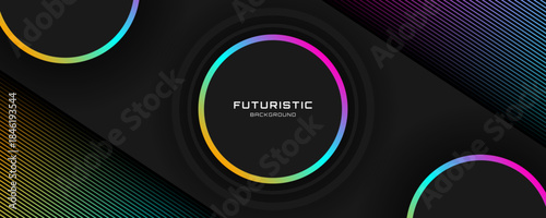 3D black circles abstract background overlap layer on dark space with colorful lines effect decoration. Modern graphic design element stripes style concept for web, flyer, card, or brochure cover