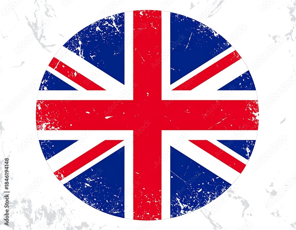 Obraz premium A distressed, circular emblem features the flag of a specific country with a red and blue cross pattern. Its background shows textured white