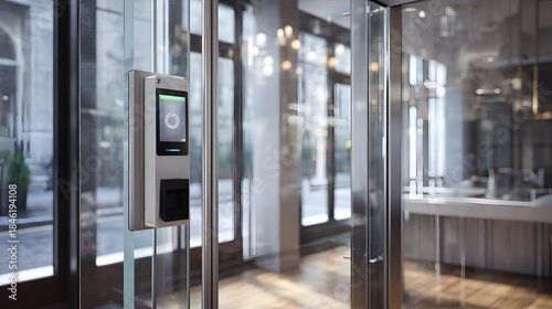 A modern access control panel is mounted beside a glass door in a bright, contemporary office lobby.