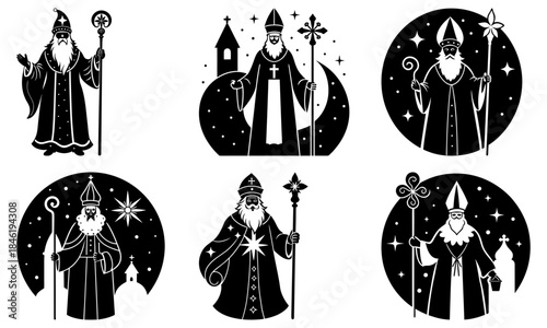 Saint Nicholas Silhouettes with Staffs and Stars on White Background transparent background religious figure