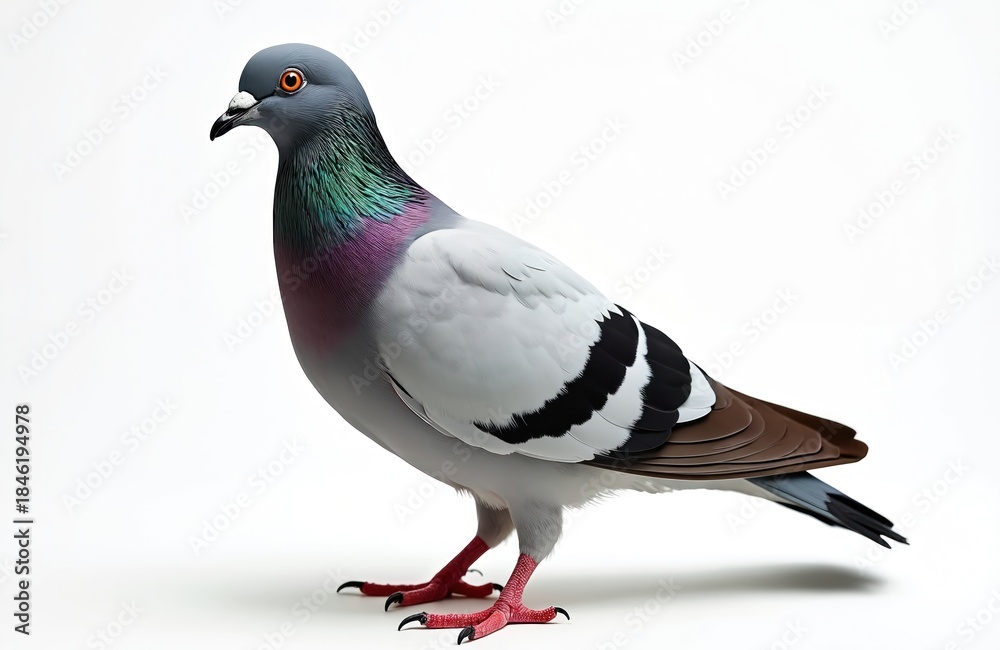 Naklejka premium City pigeon bird stands against white background. Ornithology subject, feathered creature, dove family member, avian life form. Single dove, wild animal, domestic bird, birdwatching.