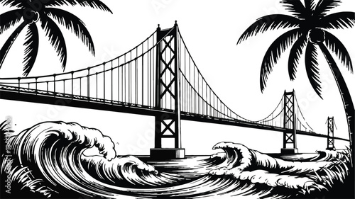 Silhouette vector illustration of a suspension bridge with palm trees and ocean waves, iconic travel destination artwork