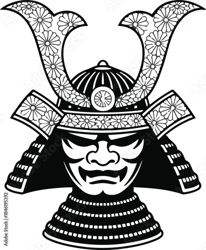 Traditional Japanese samurai helmet vector illustration, ancient warrior armor headwear with intricate floral patterns