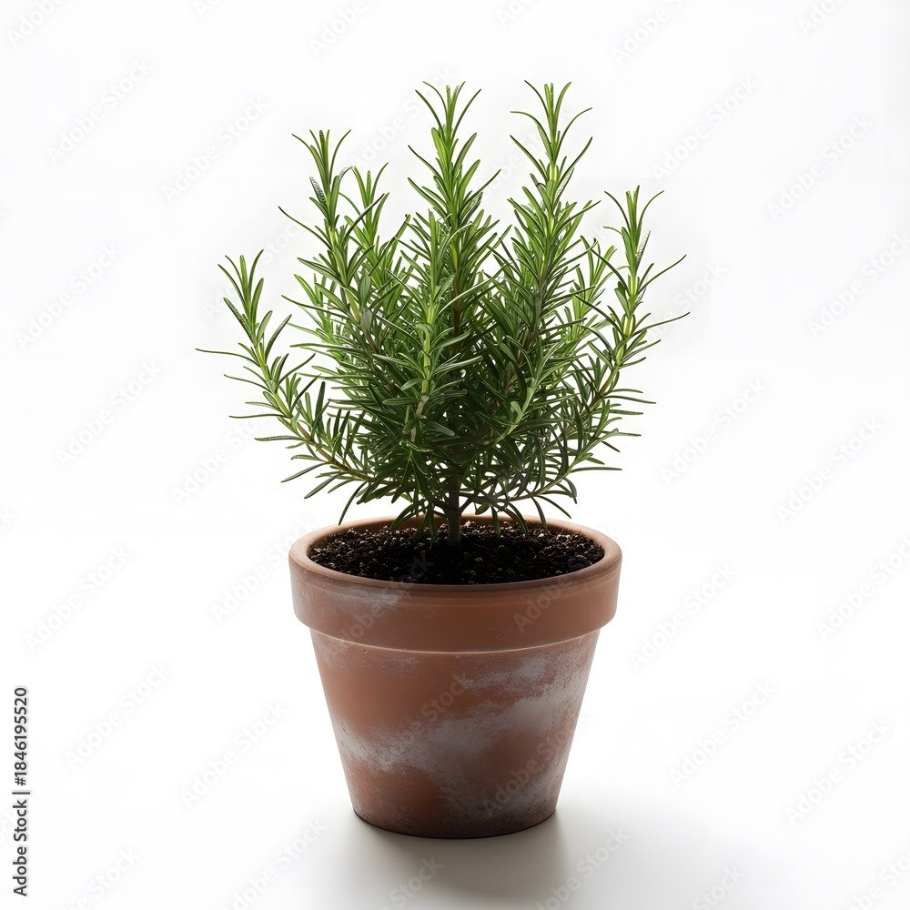 Fototapeta premium Small potted evergreen plant in terracotta pot
