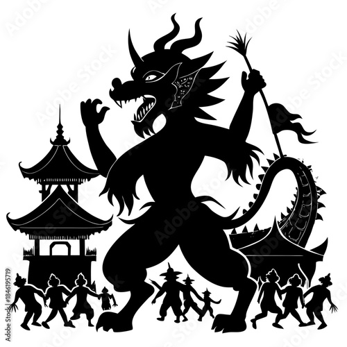 A towering mythological dragon in silhouette dominates an asian festival with celebrants and traditional buildings Vector