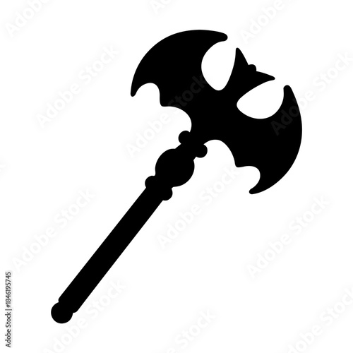 Ornate black silhouette of a double-headed axe with a decorative handle and bat-wing blade design Vector