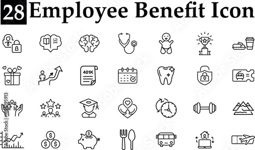 28 employee benefit icon set outline style collection of business, health, finance, and education symbols isolated on transparent background