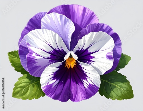 A detailed digital illustration of a pansy bloom with leaves