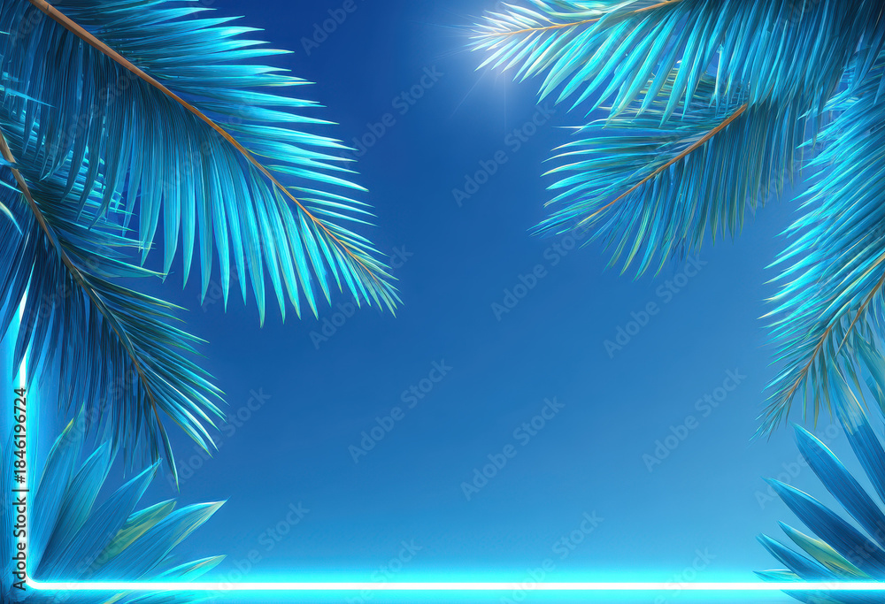 Obraz premium Neon Palm Leaves and Blue Sky Frame Against a Bright Sky with Geometric Lines