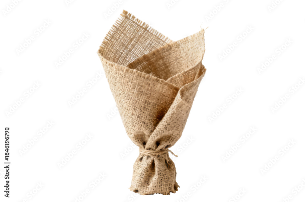 Obraz premium A rustic burlap bouquet elegantly wrapped and tied with twine isolated on a stark transparent background