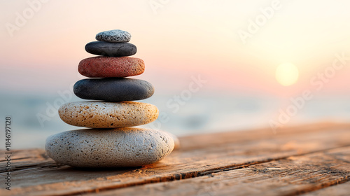 Calm balance stone stack beach sunset zen pebbles smooth rocks tranquil horizon soft light wooden pier mindfulness meditation harmony serenity. Peaceful seaside scene with warm glow and gentle mood