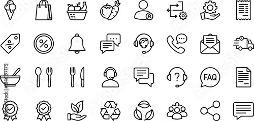Outline line icon set of customer service, ecommerce, food, delivery and communication symbols for apps, websites and business interface design
