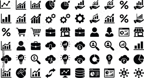Solid black business analytics and ecommerce icon set featuring charts, finance, marketing, data management and growth symbols for corporate designSolid black business analyti