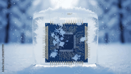 Frozen computer chip in ice representing cold technology and winter IT solutions isolated on snowy b