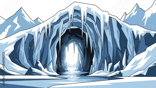 Ice cave entrance with icicles and frozen river winter landscape illustration for adventure and expl