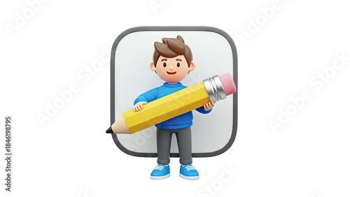 Cartoon Boy Holding Pencil on White Background