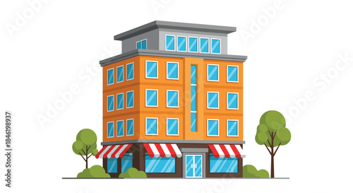 A modern multi-story building with ground-floor retail shops and residential apartments, adorned with striped awnings and surrounding greenery.