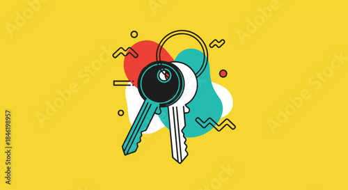 Modern flat design illustration featuring a pair of house keys on a ring, set against a vibrant yellow background with abstract shapes.