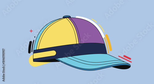A vibrant, multi-paneled baseball cap with a dark blue band and light blue brim, styled with dynamic abstract lines on a light blue background.