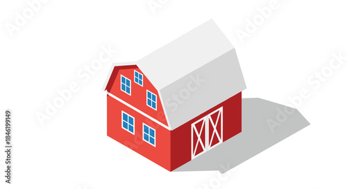 An isometric illustration of a classic red barn with a white roof and blue windows, casting a shadow on a white background.
