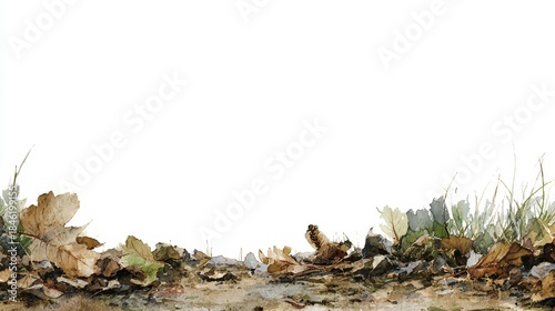 Watercolor illustration of a ground border with dry autumn leaves and green grass against a clean white background.