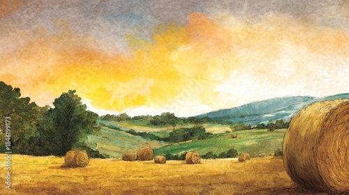 Hay bales scattered across a golden field at sunset in a vibrant watercolor painting of a rural landscape.
