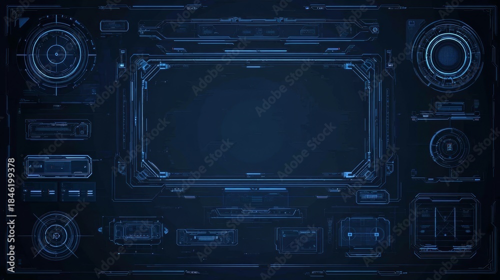 Fototapeta premium Abstract dark blue futuristic digital interface with glowing holographic elements and modern high-tech data displays, ideal for technology backgrounds and innovation concepts.