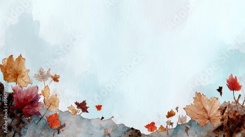 Watercolor illustration of colorful autumn leaves scattered on an abstract ground with a light blue background and copy space.