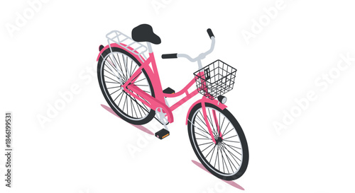 An isometric illustration of a vibrant pink city bike with a front basket and rear rack, isolated on a white background.