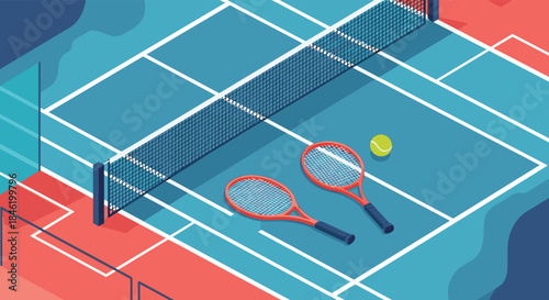 Isometric illustration of a tennis court with a net, two tennis rackets, and a yellow ball, ready for a game.
