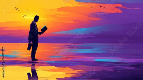 Silhouette of a man standing and reading a book by a vibrant, colorful ocean at sunset, with birds flying and dramatic reflections.