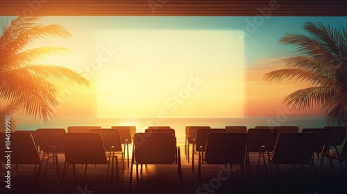 Empty chairs facing a large blank screen set up for an outdoor cinema experience on a tropical beach at sunset with a dramatic ocean view and warm golden light.