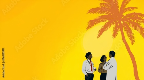 Three diverse professionals discussing outdoors under a palm tree against a bright yellow background with ample copy space.