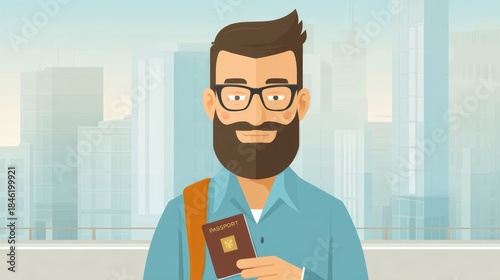 Bearded man holding a passport in an urban cityscape with flat design illustration style.